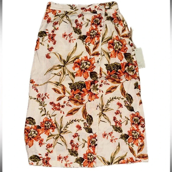 JOIE HAWAIIAN FLORAL WRAP SKIRT LINEN ORANGE GREEN SIZE MEDIUM Tropical - Picture 1 of 9